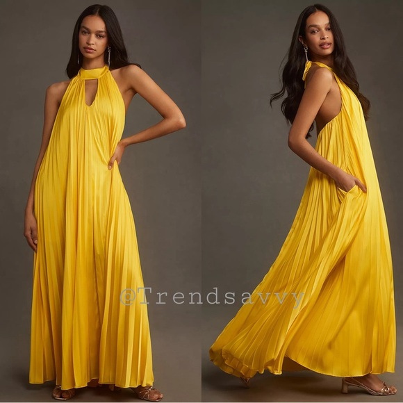 ANTHROPOLOGIE Hutch Halter Pleated Maxi Dress Yellow Size XS NWT - Picture 1 of 7